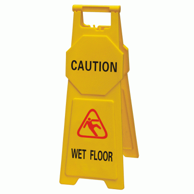 Σήμανση σε κίτρινο χρώμα  "Προσοχή Βρεγμένο Πάτωμα"