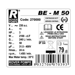 Αντλία μετάγγισης 220V κατασκευασμένη από μπρούτζο ισχύος 3ΗΡ ROVER POMPE ΒΕ-Μ 50 