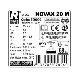 Aνοξείδωτη αντλία μετάγγισης με ισχύς κινητήρα 0.5ΗΡ ROVER POMPE NOVAX 20-M 
