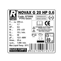 Γραναζωτή αντλία μετάγγισης λαδιού 0.6ΗΡ από ανοξείδωτο ατσάλι ROVER POMPE NOVAX G 20 