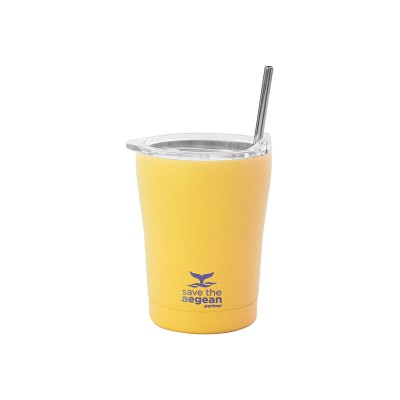 Θερμός Coffee Mug Save The Aegean χωρητικότητας 350ml σε χρώμα Pineapple Yellow με ανοξείδωτο καλαμάκι 