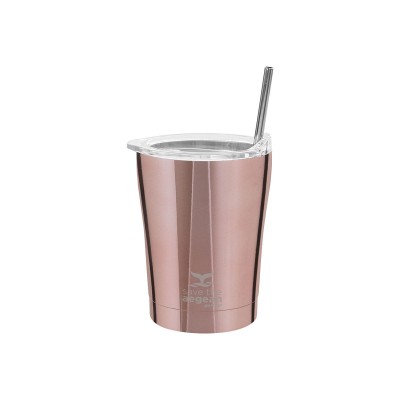 Θερμός Coffee Mug Save The Aegean χωρητικότητας 350ml σε χρώμα Rose Gold με ανοξείδωτο καλαμάκι