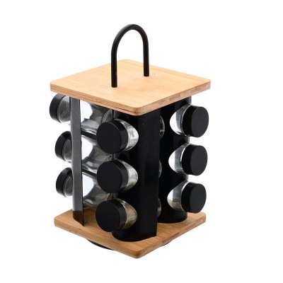 Βάση μπαχαρικών Bamboo Essentials με 12 γυάλινα δοχεία περιστρεφόμενη σε χρώμα μαύρο 