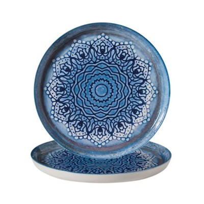 Πιάτο ρηχό από πορσελάνη σε μπλε χρώμα με ethnic σχεδίαση διαμέτρου Φ21cm συσκευασία 12 τεμαχίων σειρά Bilbao Blue Voyage Gural