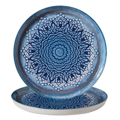 Ρηχό πιάτο πορσελάνης σε μπλε χρώμα με ethnic σχεδίαση διαμέτρου Φ25cm συσκευασία 12 τεμαχίων σειρά Bilbao Blue Voyage Gural