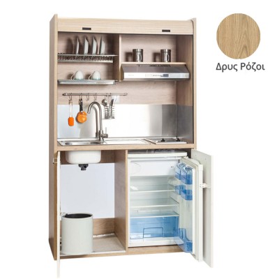 Πολυκουζίνα mini kitchen 125cm απόχρωση δρυς ρόζοι με αριστερή γούρνα για ξενώνες, γραφεία & φοιτητικά studio
