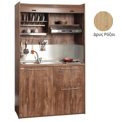 Πολυκουζίνα mini kitchen 125cm με φουρνάκι χωρίς ψυγείο απόχρωση δρυς ρόζοι για ξενώνες & γραφεία