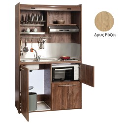 Πολυκουζίνα mini kitchen 125cm με φουρνάκι χωρίς ψυγείο απόχρωση δρυς ρόζοι για ξενώνες & γραφεία