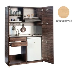 Πολυκουζίνα mini kitchen 125cm απόχρωση ξύλου δρυός οριζόντιο με αριστερή γούρνα και μεγάλες πόρτες για φοιτιτικά studios, γραφεία &καταλύματα