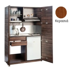 Πολυκουζίνα mini kitchen 125cm απόχρωση ξύλου κερασιάς με αριστερή γούρνα και μεγάλες πόρτες για φοιτιτικά studios, γραφεία &καταλύματα