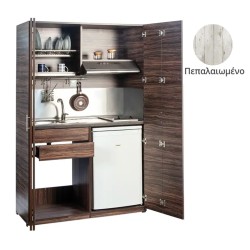 Πολυκουζίνα mini kitchen 125cm απόχρωση πεπαλαιωμένου ξύλου με αριστερή γούρνα και μεγάλες πόρτες για φοιτιτικά studios, γραφεία &καταλύματα