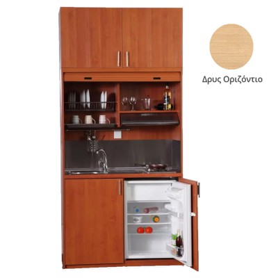 Πολυκουζίνα mini kitchen 125cm με πατάρι & αριστερή γούρνα απόχρωση δρυς για ξενώνες, γραφεία & φοιτητικά studio