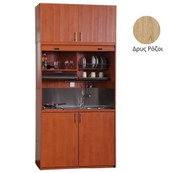 Πολυκουζίνα mini kitchen 125cm με πατάρι & αριστερή γούρνα απόχρωση δρυς ρόζοι για ξενώνες, γραφεία & φοιτητικά studio