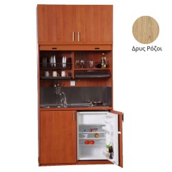 Πολυκουζίνα mini kitchen 125cm με πατάρι & αριστερή γούρνα απόχρωση δρυς ρόζοι για ξενώνες, γραφεία & φοιτητικά studio