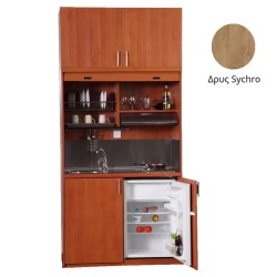 Πολυκουζίνα mini kitchen 125cm με πατάρι & αριστερή γούρνα απόχρωση δρυς sychro για ξενώνες, γραφεία & φοιτητικά studio