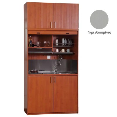 Πολυκουζίνα mini kitchen 125cm με πατάρι & αριστερή γούρνα απόχρωση γκρι για ξενώνες, γραφεία & φοιτητικά studio