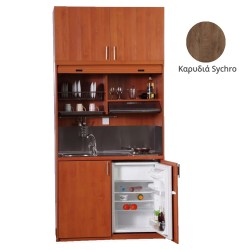 Πολυκουζίνα mini kitchen 125cm με πατάρι & αριστερή γούρνα απόχρωση καρυδιάς για ξενώνες, γραφεία & φοιτητικά studio