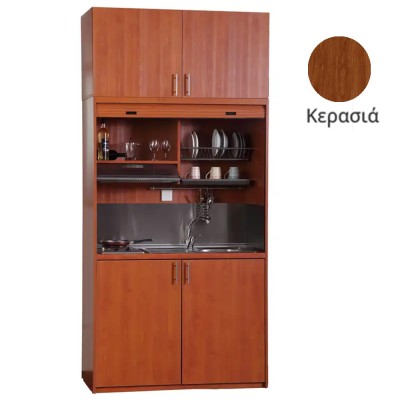 Πολυκουζίνα mini kitchen 125cm με πατάρι & αριστερή γούρνα απόχρωση κερασιάς για ξενώνες, γραφεία & φοιτητικά studio