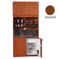 Πολυκουζίνα mini kitchen 125cm με πατάρι & αριστερή γούρνα απόχρωση κερασιάς για ξενώνες, γραφεία & φοιτητικά studio