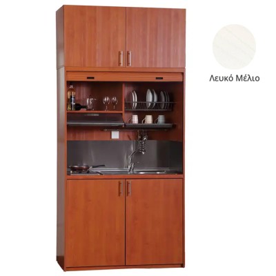 Πολυκουζίνα mini kitchen 125cm με πατάρι & αριστερή γούρνα απόχρωση λευκή για ξενώνες, γραφεία & φοιτητικά studio