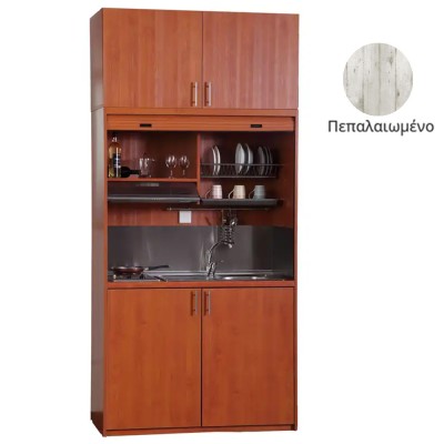 Πολυκουζίνα mini kitchen 125cm με πατάρι & αριστερή γούρνα απόχρωση πεπαλαιωμένου για ξενώνες, γραφεία & studio