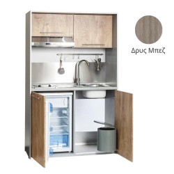 Πολυκουζίνα mini kitchen 125cm απόχρωση δρυς μπεζ με δεξιά γούρνα και πορτάκια για ξενώνες, γραφεία & φοιτητικά studio