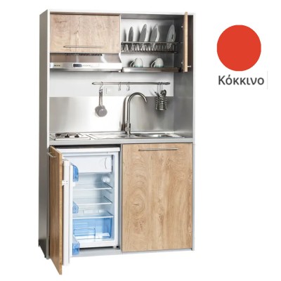 Πολυκουζίνα mini kitchen 125cm απόχρωση κόκκινη με δεξιά γούρνα και πορτάκια για ξενώνες, γραφεία & φοιτητικά studio