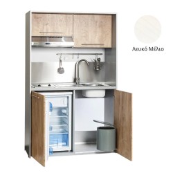 Πολυκουζίνα mini kitchen 125cm απόχρωση λευκή με δεξιά γούρνα και πορτάκια για ξενώνες, γραφεία & φοιτητικά studio