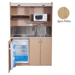 Πολυκουζίνα mini kitchen 140cm απόχρωση δρυς ρόζοι με δεξιά γούρνα για ξενώνες, γραφεία & φοιτητικά studio