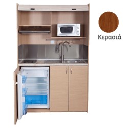 Πολυκουζίνα mini kitchen 140cm απόχρωση κερασιάς με δεξιά γούρνα για ξενώνες, γραφεία & φοιτητικά studio