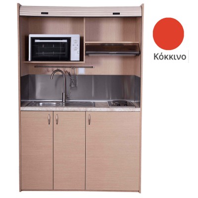 Πολυκουζίνα mini kitchen 140cm απόχρωση κόκκινη με δεξιά γούρνα για ξενώνες, γραφεία & φοιτητικά studio