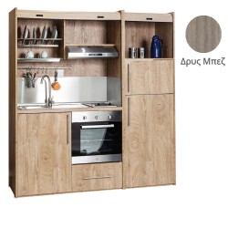 Πολυκουζίνα mini kitchen 190cm με μεγάλο ψυγείο & μεγάλο φούρνο απόχρωση δρυς μπεζ για γραφεία, studios & καταλύματα airbnb