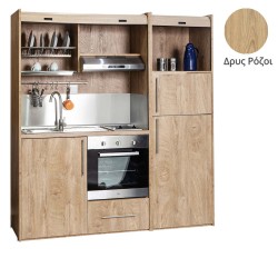 Πολυκουζίνα mini kitchen 190cm με μεγάλο ψυγείο & μεγάλο φούρνο απόχρωση δρυς ρόζοι για γραφεία, studios & καταλύματα airbnb