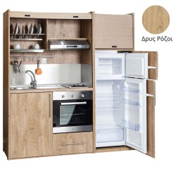 Πολυκουζίνα mini kitchen 190cm με μεγάλο ψυγείο & μεγάλο φούρνο απόχρωση δρυς ρόζοι για γραφεία, studios & καταλύματα airbnb