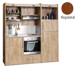 Πολυκουζίνα mini kitchen 190cm με μεγάλο ψυγείο & μεγάλο φούρνο απόχρωση κερασιάς για γραφεία, studios & καταλύματα airbnb