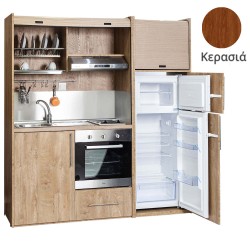 Πολυκουζίνα mini kitchen 190cm με μεγάλο ψυγείο & μεγάλο φούρνο απόχρωση κερασιάς για γραφεία, studios & καταλύματα airbnb