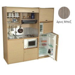 Πολυκουζίνα mini kitchen 190cm με μεγάλο ψυγείο & μικρό φουρνάκι απόχρωση δρυς μπεζ για ξενώνες & γραφεία