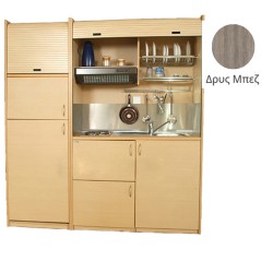 Πολυκουζίνα mini kitchen 190cm με μεγάλο ψυγείο & μικρό φουρνάκι απόχρωση δρυς μπεζ για ξενώνες & γραφεία
