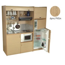 Πολυκουζίνα mini kitchen 190cm με μεγάλο ψυγείο & μικρό φουρνάκι απόχρωση δρυς ρόζοι για γραφεία