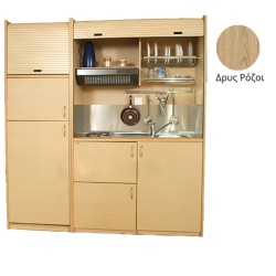Πολυκουζίνα mini kitchen 190cm με μεγάλο ψυγείο & μικρό φουρνάκι απόχρωση δρυς ρόζοι για γραφεία