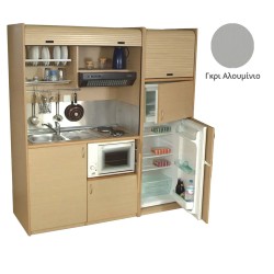 Πολυκουζίνα mini kitchen 190cm με μεγάλο ψυγείο & μικρό φουρνάκι απόχρωση γκρι για ξενώνες & γραφεία