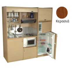 Πολυκουζίνα mini kitchen 190cm με μεγάλο ψυγείο & μικρό φουρνάκι απόχρωση κερασιάς για ξενώνες & γραφεία