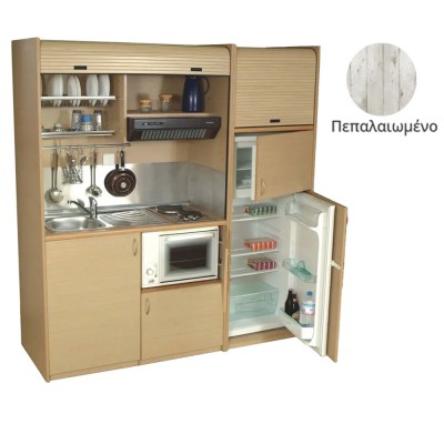 Πολυκουζίνα mini kitchen 190cm με μεγάλο ψυγείο & μικρό φουρνάκι απόχρωση πεπαλαιωμένο για γραφεία