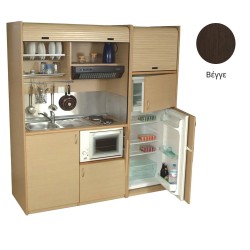 Πολυκουζίνα mini kitchen 190cm με μεγάλο ψυγείο & μικρό φουρνάκι απόχρωση βέγγε για ξενώνες & γραφεία
