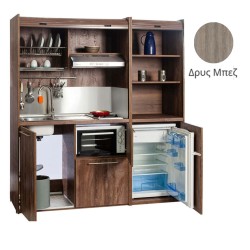 Πολυκουζίνα mini kitchen 190cm με μικρό ψυγείο & μικρό φουρνάκι απόχρωση δρυς μπεζ για ξενώνες & γραφεία