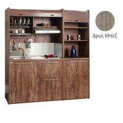 Πολυκουζίνα mini kitchen 190cm με μικρό ψυγείο & μικρό φουρνάκι απόχρωση δρυς μπεζ για ξενώνες & γραφεία