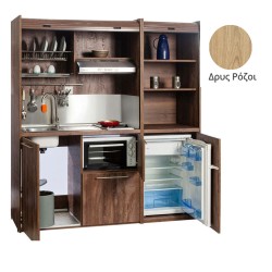 Πολυκουζίνα mini kitchen 190cm με μικρό ψυγείο & μικρό φουρνάκι απόχρωση δρυς ρόζοι για ξενώνες & γραφεία