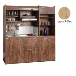 Πολυκουζίνα mini kitchen 190cm με μικρό ψυγείο & μικρό φουρνάκι απόχρωση δρυς ρόζοι για ξενώνες & γραφεία