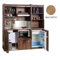 Πολυκουζίνα mini kitchen 190cm με μικρό ψυγείο & μικρό φουρνάκι απόχρωση δρυς sychro για ξενώνες & γραφεία