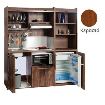 Πολυκουζίνα mini kitchen 190cm με μικρό ψυγείο & μικρό φουρνάκι απόχρωση κερασιάς για ξενώνες & γραφεία Πολυκουζίνα mini kitchen 190cm με μικρό ψυγείο & μικρό φουρνάκι απόχρωση κερασιάς για ξενώνες & γραφεία
